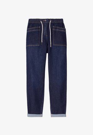 Denim pants in dark blue with an elastic waistband, drawstring, and two large front pockets. Rolled cuffs and visible stitching details.