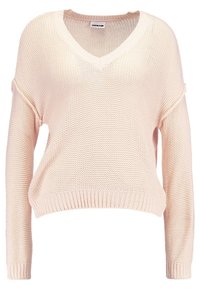 Hellrosa gestrickter Pullover mit V-Ausschnitt, lockerer Passform sowie gerippten Bündchen und Saum. Texturiertes Gewebe mit offenem Webmuster.