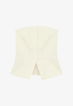 Witte strapless corset top met een gestructureerde pasvorm en een voorste middenin speltsluiting, gemaakt van gladde stof.