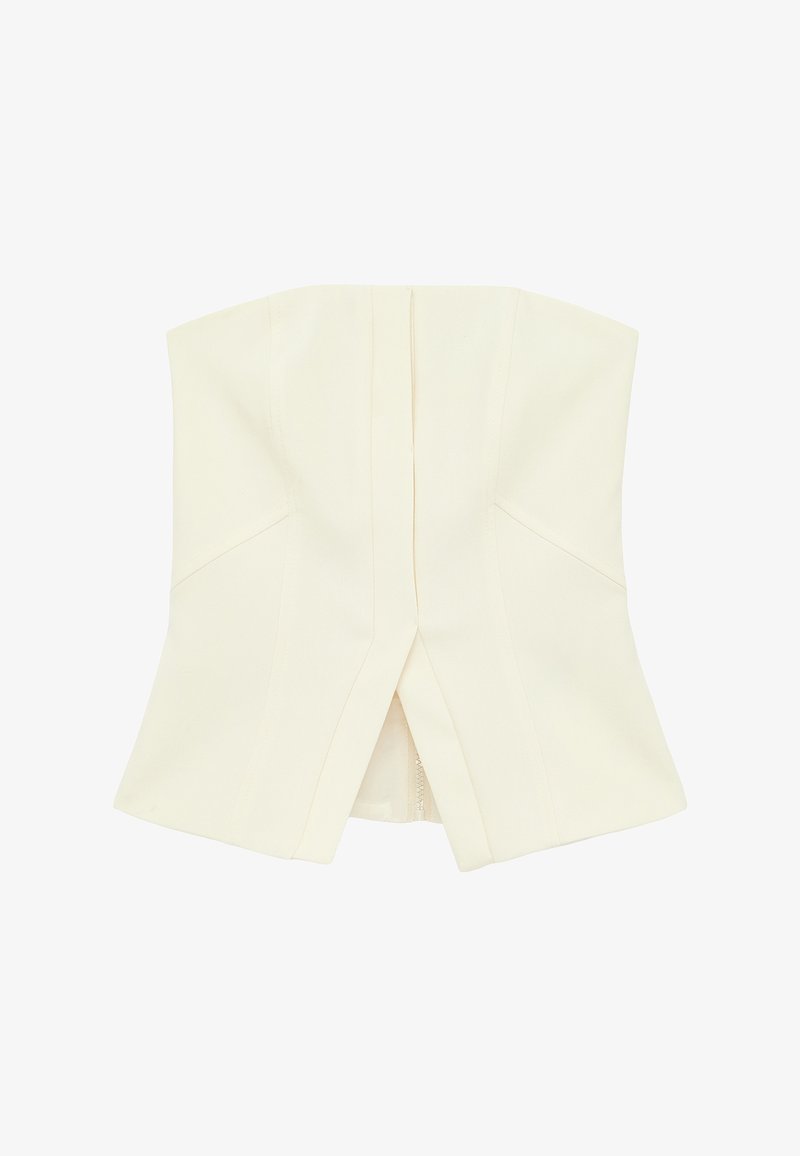 Top corset blanc sans bretelles avec une coupe structurée et une fente centrale devant, fabriqué dans un tissu lisse.