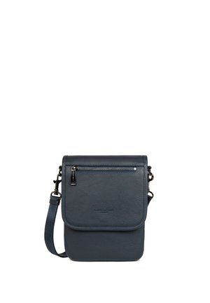 Donkerblauwe leren crossbodytas met voorflap en ritsvak, verstelbare schouderriem en metalen ritstrekker.