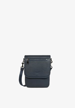 Donkerblauwe leren crossbodytas met voorflap en ritsvak, verstelbare schouderriem en metalen ritstrekker.