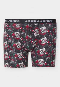 Schwarze Boxerbriefs mit einem wiederholten Muster aus Schädeln, Rosen und Zuckerstangen, mit einem weißen Logo-Bund und elastischem Material.