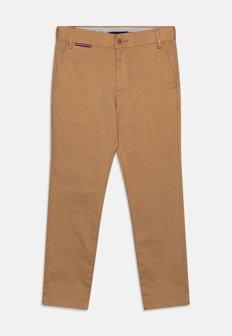 Chinos marroni in cotone, con chiusura a bottoni, zip e tasche laterali. Texture liscia con design a gamba dritta.