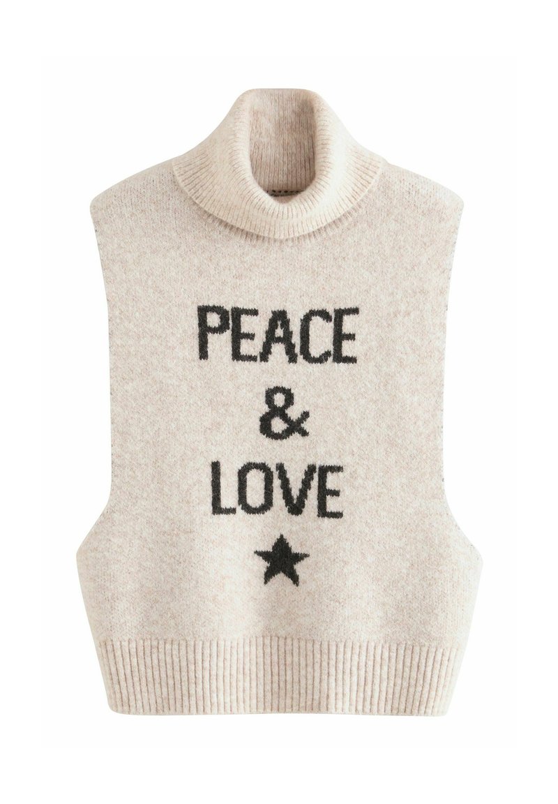 Maglione a collo alto in beige chiaro con la scritta "PEACE & LOVE" e un design a stella in nero. Presenta una vestibilità cropped e un orlo a coste.