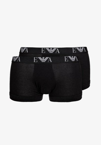 Černé boxerky vyrobené z měkké tkaniny s hladkým povrchem. Mají široký elastický pas s bílým logem "EA" a designem orla.