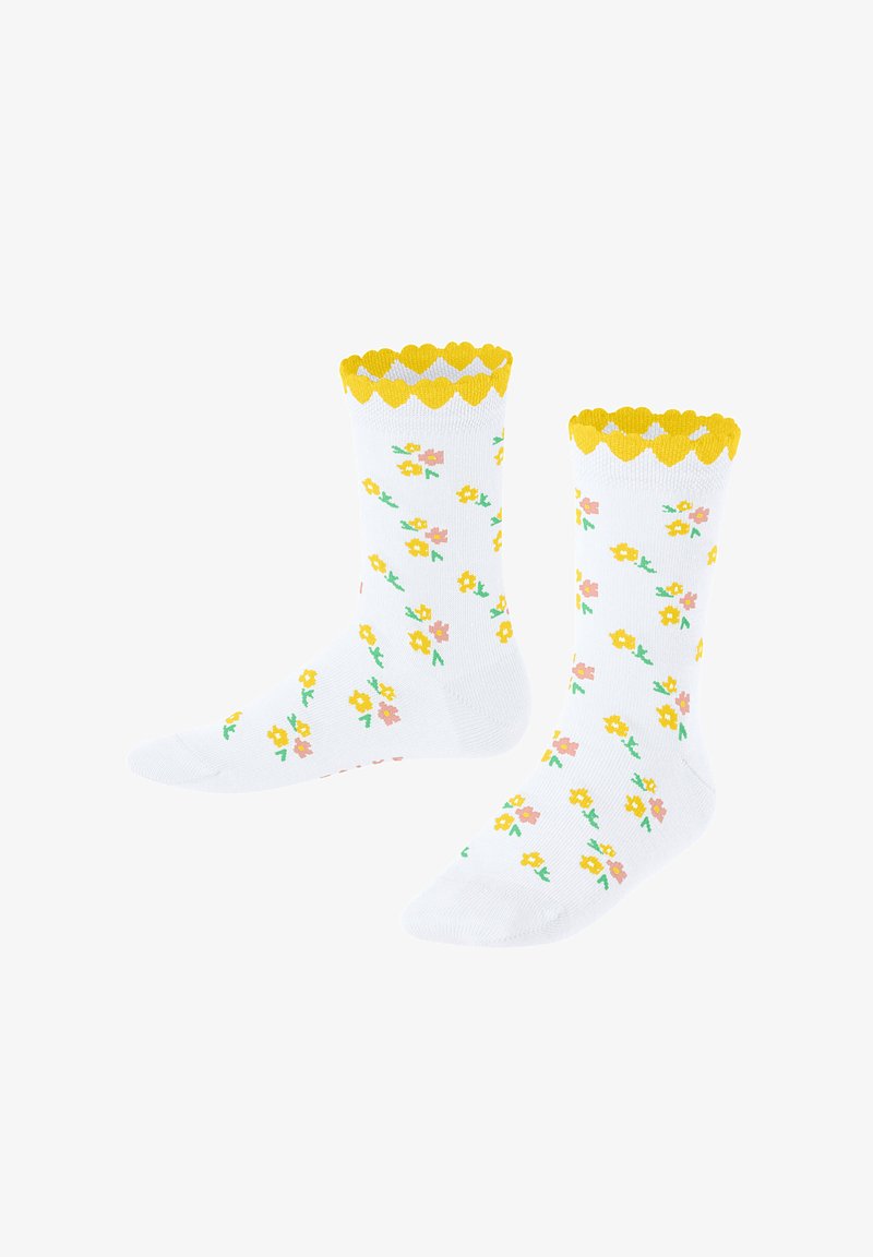 Chaussettes blanches en coton avec une bande jaune festonnée en haut, arborant un motif floral jaune et rose sur fond blanc.