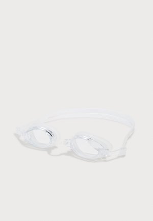 White swimming goggles with clear lenses, a flexible strap, and adjustable side clips. Sleek design with a smooth texture throughout.