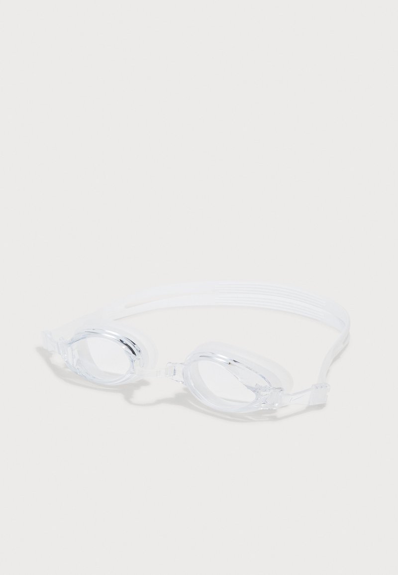 Lunettes de natation blanches avec lentilles claires, une sangle flexible et des clips latéraux ajustables. Design élégant avec une texture lisse partout.