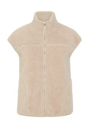 Beige fleecevest met hoge kraag, korte mouwen, een rits aan de voorkant en twee steekzakken aan de zijkant. Zachte textuur en subtiele stikdetails.