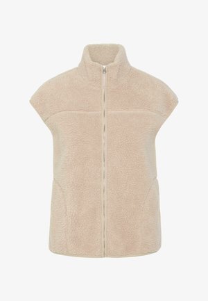 Beige fleecevest met hoge kraag, korte mouwen, een rits aan de voorkant en twee steekzakken aan de zijkant. Zachte textuur en subtiele stikdetails.
