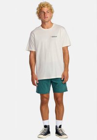 Kortsang nüüdse lokkis blondi juustega mees, seljas valge Billabongi t-särk, tehaline lühikesed püksid, valged sokid ja mustad kõrged nokkingjalatsid, seismas ühtlase taustaga.