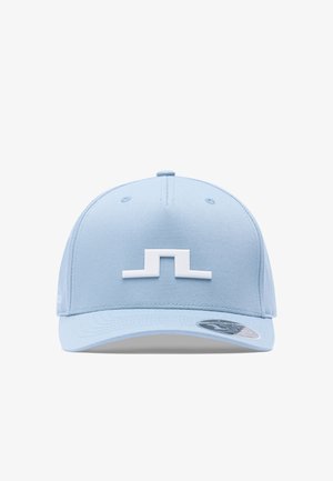 Light blue baseball cap with a raised white geometric logo centered on the front panel, featuring a curved brim with a sticker.