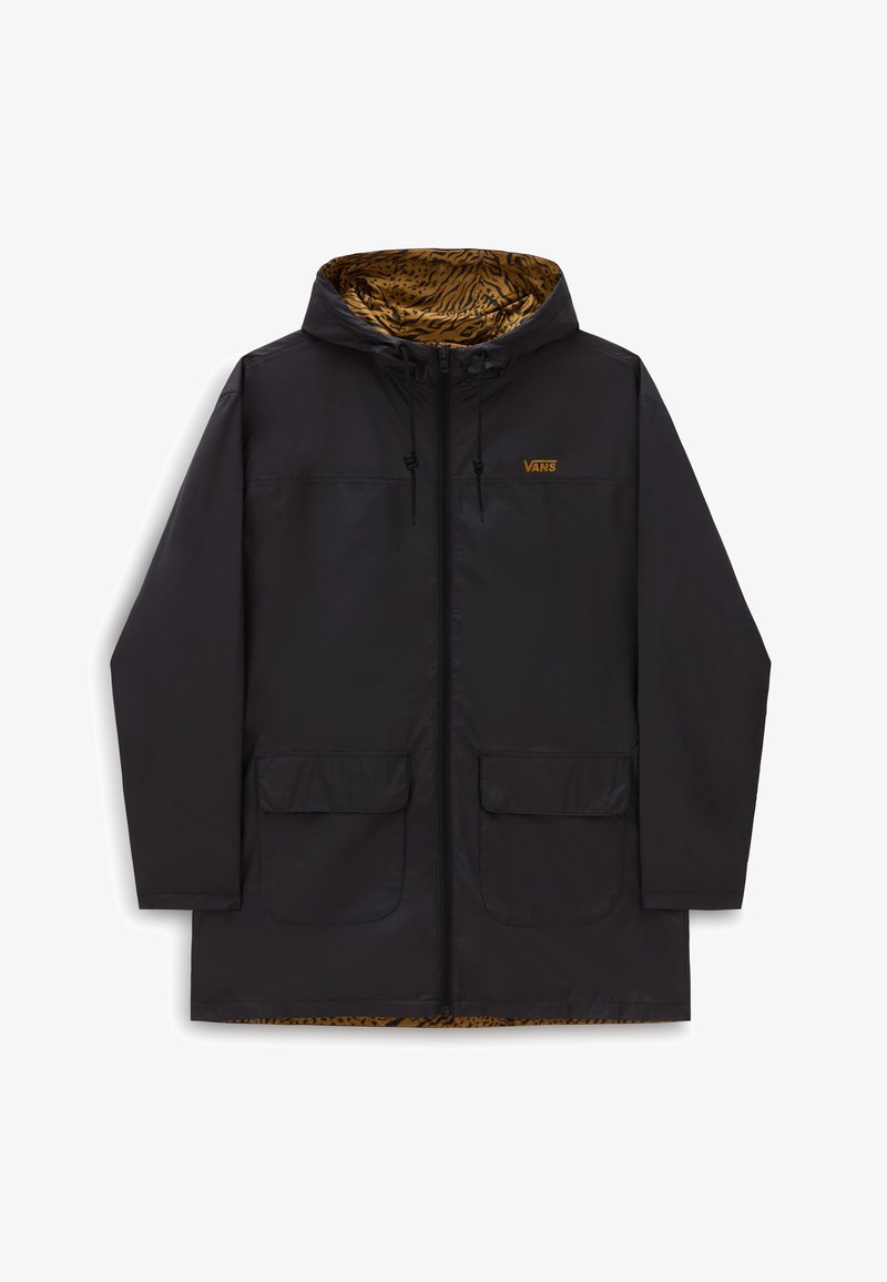 Czarna wodoodporna kurtka z zamkiem z przodu, kapturem ze sznurkiem, dwoma przednimi kieszeniami i podszewką w cętki. Logo Vans na klatce piersiowej.