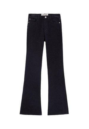 Flared zwarte jeans van denim met een soepele textuur. Heeft vijf zakken, een sluiting met een knop aan de voorkant en accenten van zilverkleurig beslag.