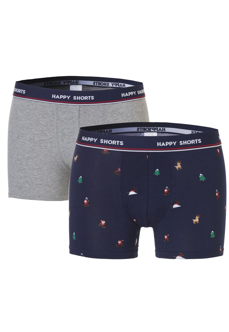 Twee paar herenboxers. De ene is grijs, de andere is marineblauw met een feestelijk patroon van kerstmannetjes, bomen en rendieren. Beide hebben een zwarte tailleband.