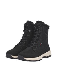 Schwarze wasserdichte Wanderstiefel mit Obermaterial aus Wildleder und Textil, Kragen aus Kunstfell, Schnürdesign und Gummisohle. Mit einem Reißverschluss für einfaches An- und Ausziehen.