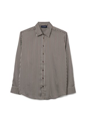 Langärmeliges Hemd mit Knöpfen in schwarz-weiß gestreiftem Vertikaldesign, mit verbreitetem Kragen und braunen Knöpfen sowie Manschetten-Details.