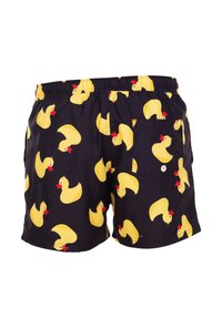 Heren zwemshorts in marineblauwe stof met een herhalend patroon van gele rubberen eenden met rode snavels, elastische tailleband en een achterzak.