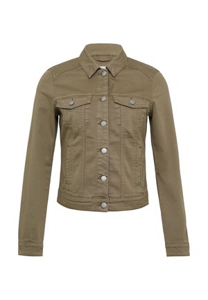 Olivengroene denimjacket met lange mouwen, zilveren drukknopen, twee borstzakken en een puntkraag. Heeft een getailleerd ontwerp en stevige stof.