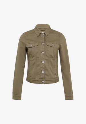 Oliwkowa denimowa kurtka z długimi rękawami, srebrnymi zatrzaskami, dwiema kieszeniami na piersi i spiczastym kołnierzem. Charakteryzuje się dopasowanym krojem i solidnym materiałem.