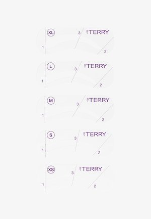 Een serie van vijf witte sjablonen gelabeld met de maten XL, L, M, S en XS. Elke sjabloon heeft gebogen lijnen en paarse tekst ter identificatie.