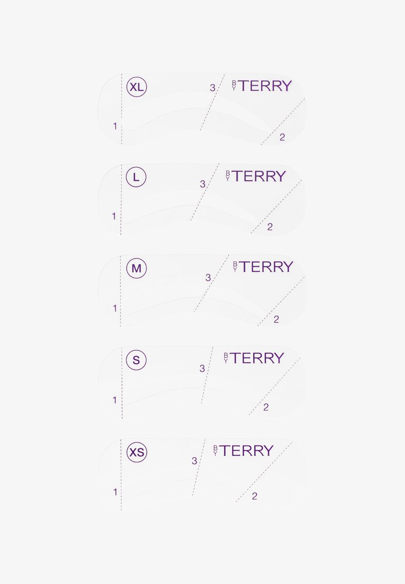 Een serie van vijf witte sjablonen gelabeld met de maten XL, L, M, S en XS. Elke sjabloon heeft gebogen lijnen en paarse tekst ter identificatie.