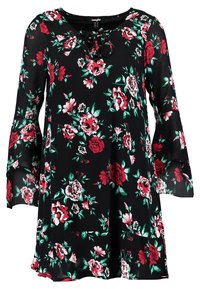Musta kukkamekko punaisilla ja vihreillä ruusuilla, pitkät liehukkeet, pyöreä pääntie ja nauhakuji etupuolella. Kevyt kangas.