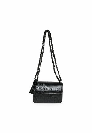 Black croc-embossed leather crossbody bag with double chain strap and "Steve Madden" embossed logo on the front flap.