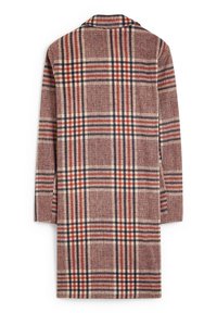 Abrigo de cuadro con un patrón en marrón, crema y azul marino, con cuello de muesca y mangas largas, hecho de un tejido texturizado.