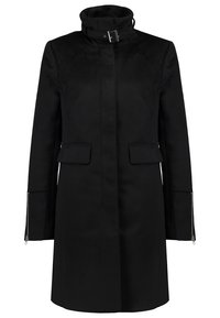 Cappotto nero con colletto alto, due tasche frontali e maniche con cerniera. Realizzato in tessuto liscio con linee pulite e una silhouette su misura.