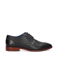 Chaussure habillée en cuir noir avec un motif texturé en nid d'abeille, bout pointu et talon en bois brun. Présente un système de laçage et une doublure bleue.