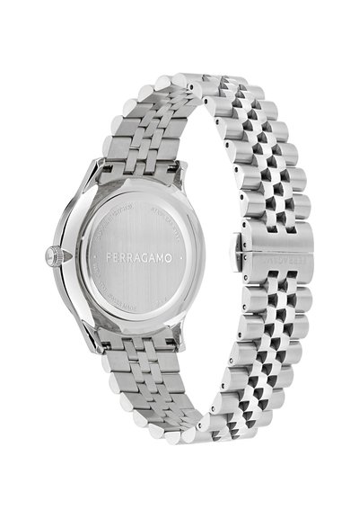 Silver stainless steel Ferragamo watch with linked bracelet, round case back, and engraved branding on clasp and case back.
