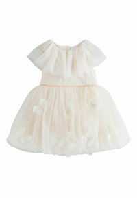 Hellrosa Tüllkleid mit kurzen Puffärmeln, einem taillierten Oberteil und einem ausgestellten Rock, verziert mit weißen Blumenapplikationen.