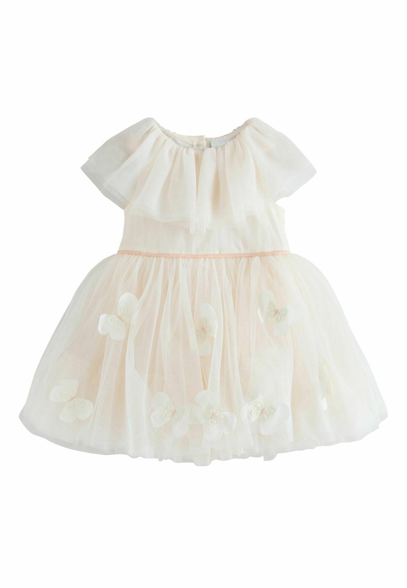 Hellrosa Tüllkleid mit kurzen Puffärmeln, einem taillierten Oberteil und einem ausgestellten Rock, verziert mit weißen Blumenapplikationen.