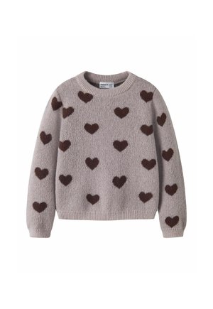 Pull en maille violet clair à manches longues avec des motifs de cœurs violet foncé dispersés sur le devant et les manches.