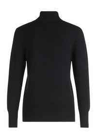 Schwarzer Rollkragenpullover mit glattem Strickmuster, langen Ärmeln und gerippten Bündchen sowie Saum. Die Rückansicht zeigt ein tailliertes Design.