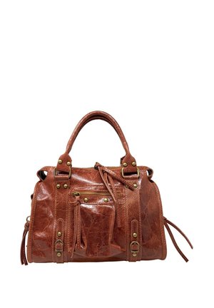 Borsa a mano in pelle marrone con due manici, tasca frontale con cerniera, fibbie decorative e tiretti con nappine.