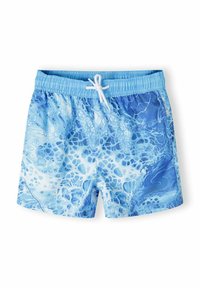 Shorts de bain bleus avec un design marbré aux nuances variées de bleu et de blanc, une taille élastique et un cordon blanc.