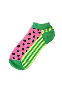 Farverig sok med et pink vandmelonmønster og sorte frø på den ene side; grøn og gul stribet design på den anden side; blødt materiale.