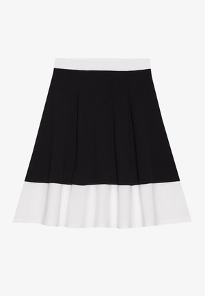 Black and white pleated skirt with a wide white waistband, featuring a solid black top and a flared white hem. Smooth fabric texture.