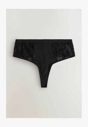 Black lace and fabric thong, featuring floral lace panels on sides, smooth central fabric, and minimal coverage design. Flat waistband.