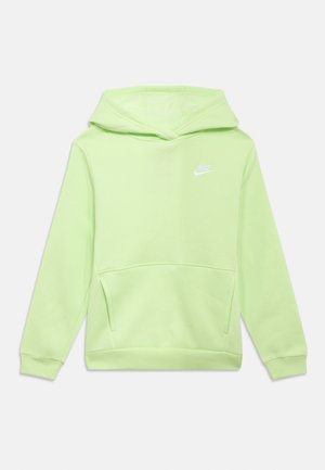 Niekoninės žalios spalvos džemperis su priekiu kišene, raištelių gobtuvu ir balta Nike logotipu kairėje krūtinės pusėje; pagamintas iš minkštos medvilnės mišinio medžiagos.