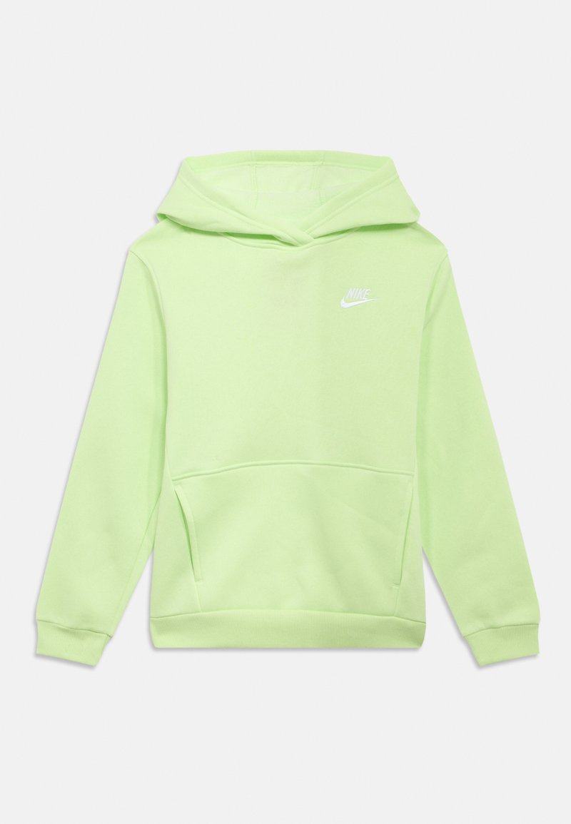 Neonvihreä collegepaita, jossa on etutasku, nyörillinen huppu ja valkoinen Nike-logo vasemmassa rinnassa; valmistettu pehmeästä puuvillasekoitemateriaalista.