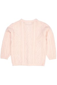 Jasnoróżowy sweter z dzianiny z długimi rękawami i okrągłym dekoltem, z teksturowanymi wzorami w romby i pionowe paski.