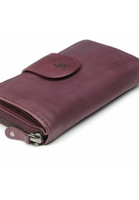 Leren portemonnee in donkerpaars, met een klepje met knoopsluiting en een met rits afsluitbaar vak langs de rand. Gladde textuur, eenvoudig ontwerp.
