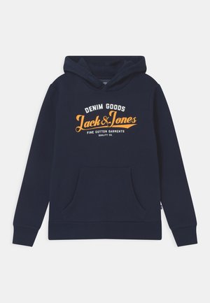 Donkerblauwe hooded sweatshirt gemaakt van katoen. Beschikt over een voorste kangoeroezak en een geprinte logo in oranje en witte tekst.