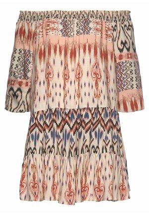 Off-the-shoulder dress in lightweight fabric. Features floral and geometric patterns in peach, red, blue, and cream. Ruffled hem detail.
