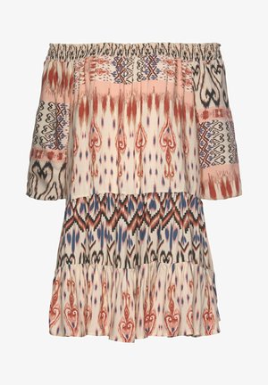 Off-the-shoulder dress in lightweight fabric. Features floral and geometric patterns in peach, red, blue, and cream. Ruffled hem detail.