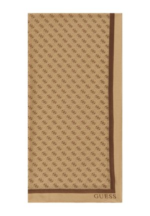 Brown patterned scarf made of soft fabric, featuring a diamond motif with logo accents, bordered by a darker brown edge.